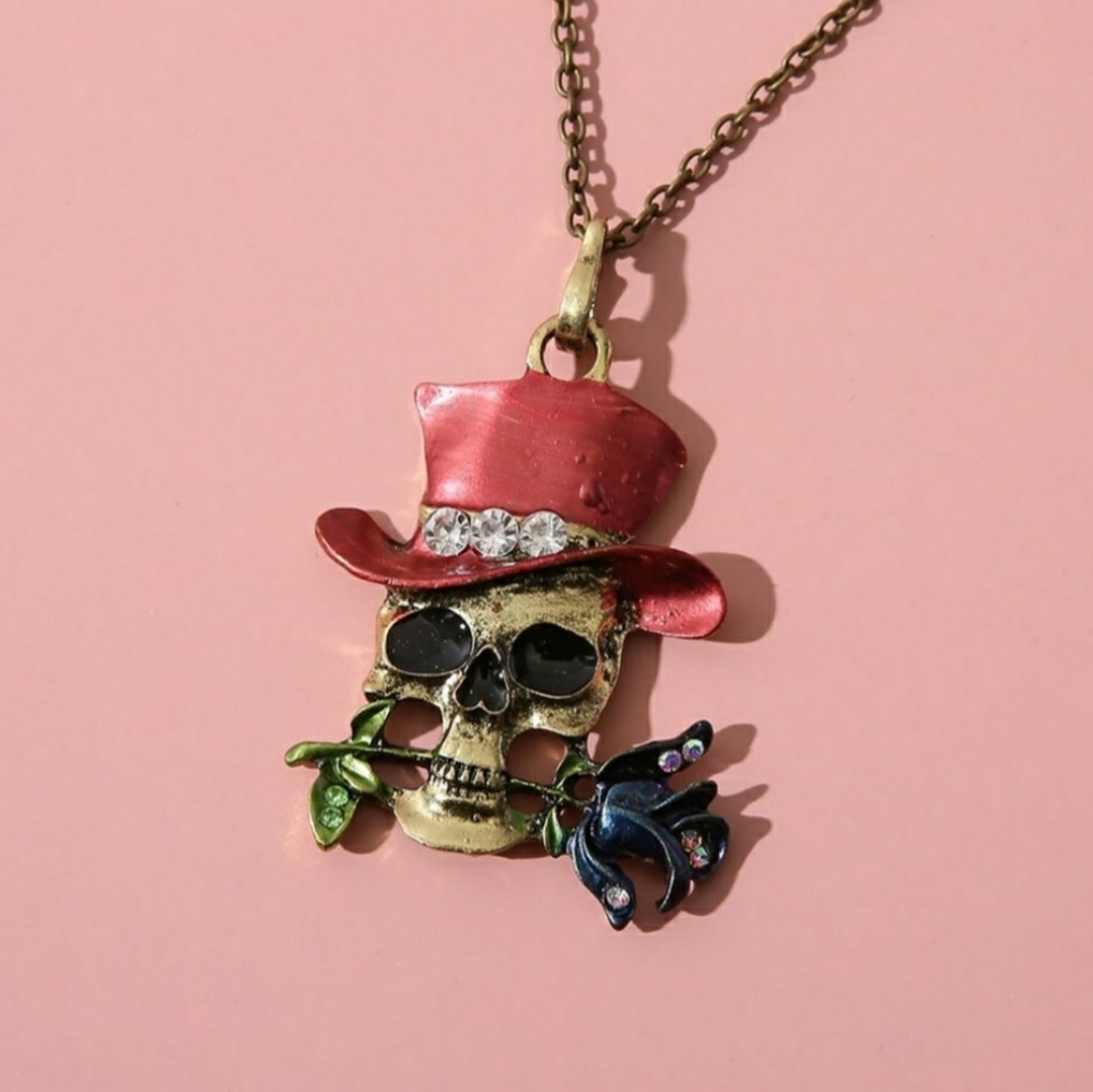 Skull Rose Necklace Bronze